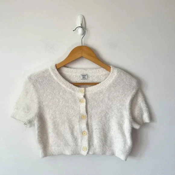 Aritzia Sunday Best Fuzzy Soft Cropped Effie Cardigan Short Sleeve White Small